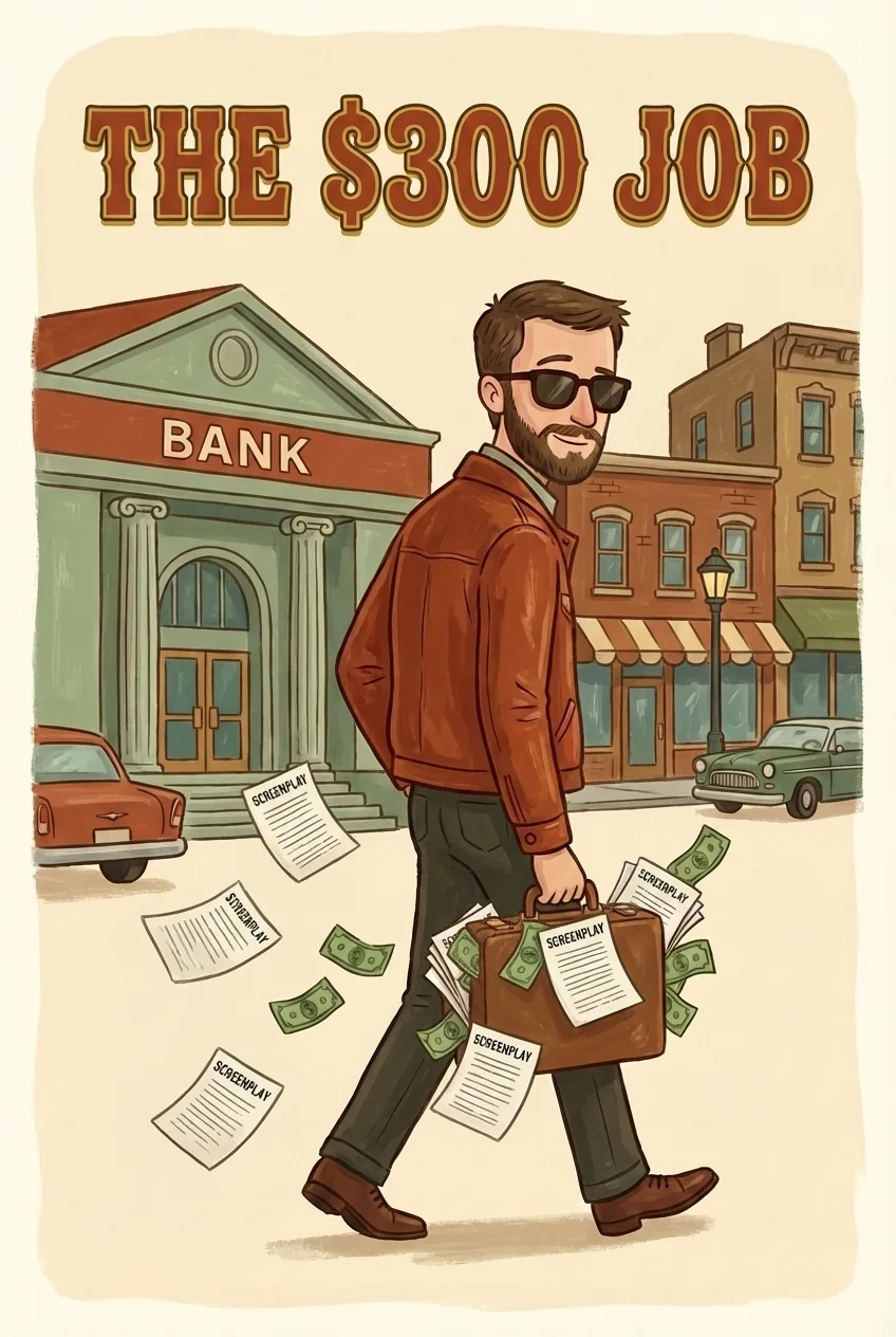 Folk-art movie poster 'The $300 Job': a bearded writer in sunglasses and leather jacket walking away from a bank with a briefcase of screenplay pages and cash