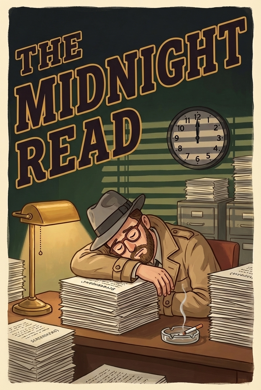 Folk-art movie poster 'The Midnight Read': a weary writer in trench coat and fedora asleep at a desk piled with scripts, diagonal 1940s-noir title, cigarette smoke curling