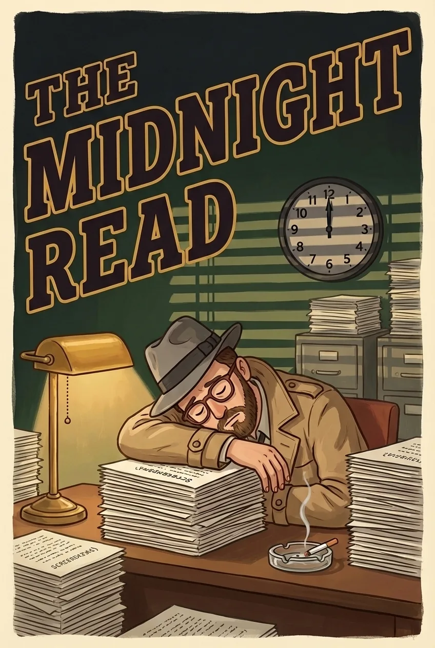 Folk-art movie poster 'The Midnight Read': a weary writer in trench coat and fedora asleep at a desk piled with scripts, diagonal 1940s-noir title, cigarette smoke curling