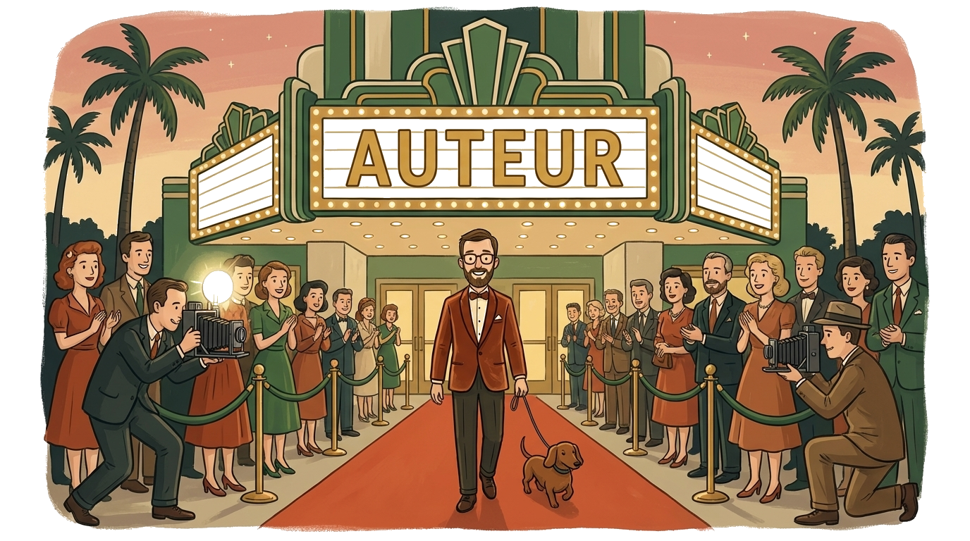 Auteur premiere: a writer in a rust velvet dinner jacket walks the red carpet with his dachshund past paparazzi with bellows cameras and cheering crowds behind green velvet ropes; theater marquee reads 'AUTEUR'
