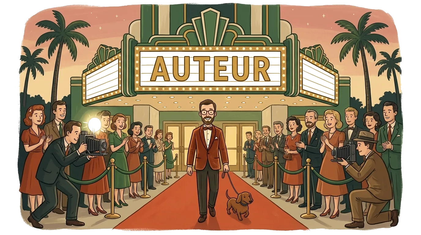 Auteur premiere: a writer in a rust velvet dinner jacket walks the red carpet with his dachshund past paparazzi with bellows cameras and cheering crowds behind green velvet ropes; theater marquee reads 'AUTEUR'