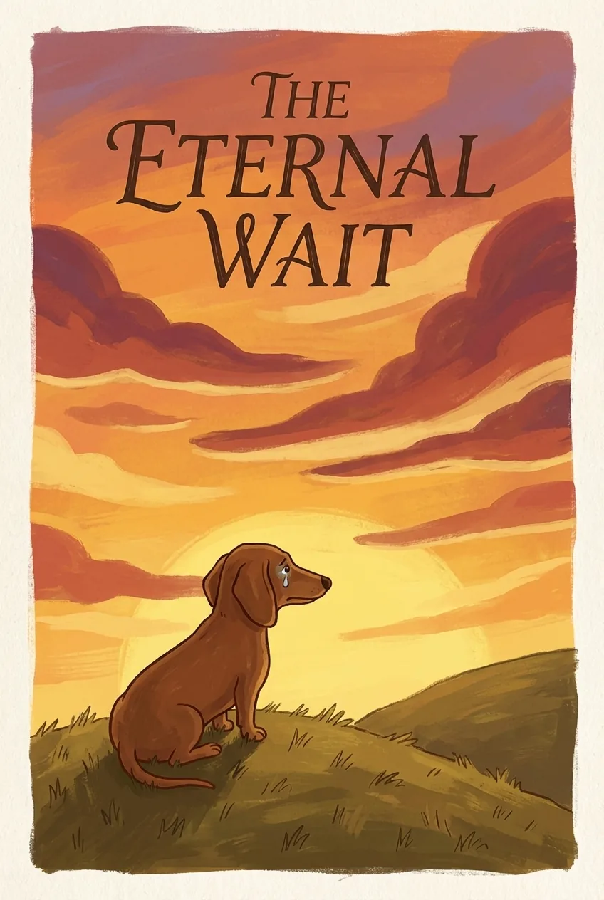 Folk-art movie poster 'The Eternal Wait': a lone dachshund on a grassy hillside at sunset with a single tear on his cheek