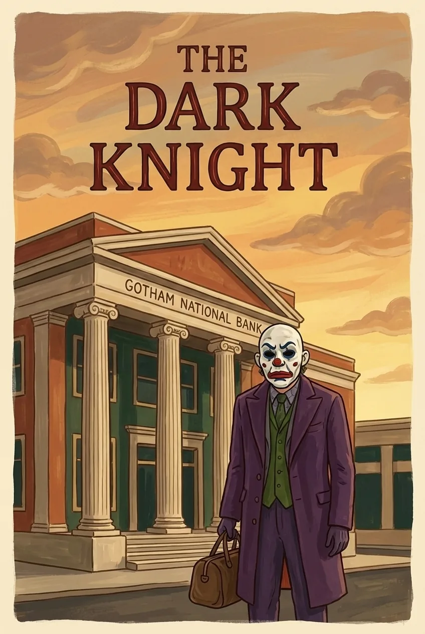 Folk-art Casa Susanna painted poster of The Dark Knight: the Joker in a clown mask outside a bank, painterly Casa Susanna style, warm cream painted ground.