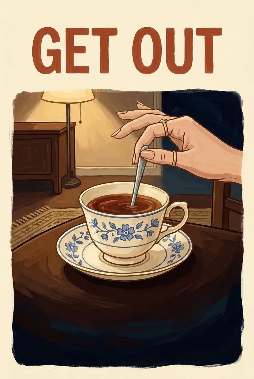 Folk-art painted poster of Get Out: an elegant hand pinching a silver teaspoon, stirring a blue-patterned porcelain teacup in a lamplit room that falls away into darkness, painterly style.