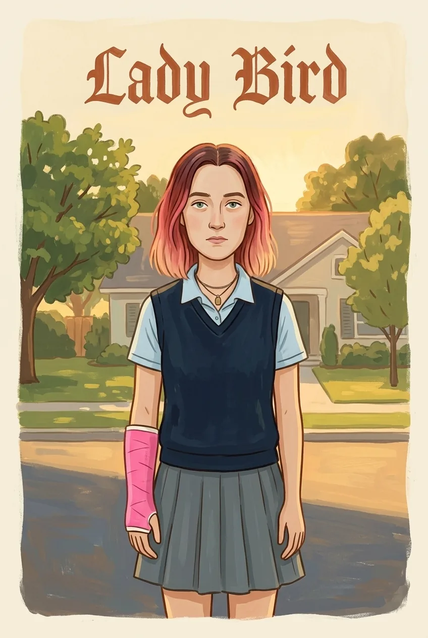Folk-art Casa Susanna painted poster of Lady Bird: a teenage girl with pink-dyed hair and a pink arm cast in a Catholic-school uniform standing on a sunlit suburban street, painterly style.