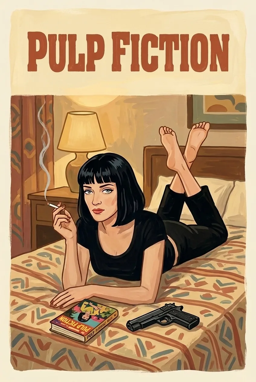 Folk-art painted poster of Pulp Fiction: Mia Wallace in a black top and cropped trousers lying on a bed with a cigarette, a pulp paperback and a pistol beside her, painterly style.