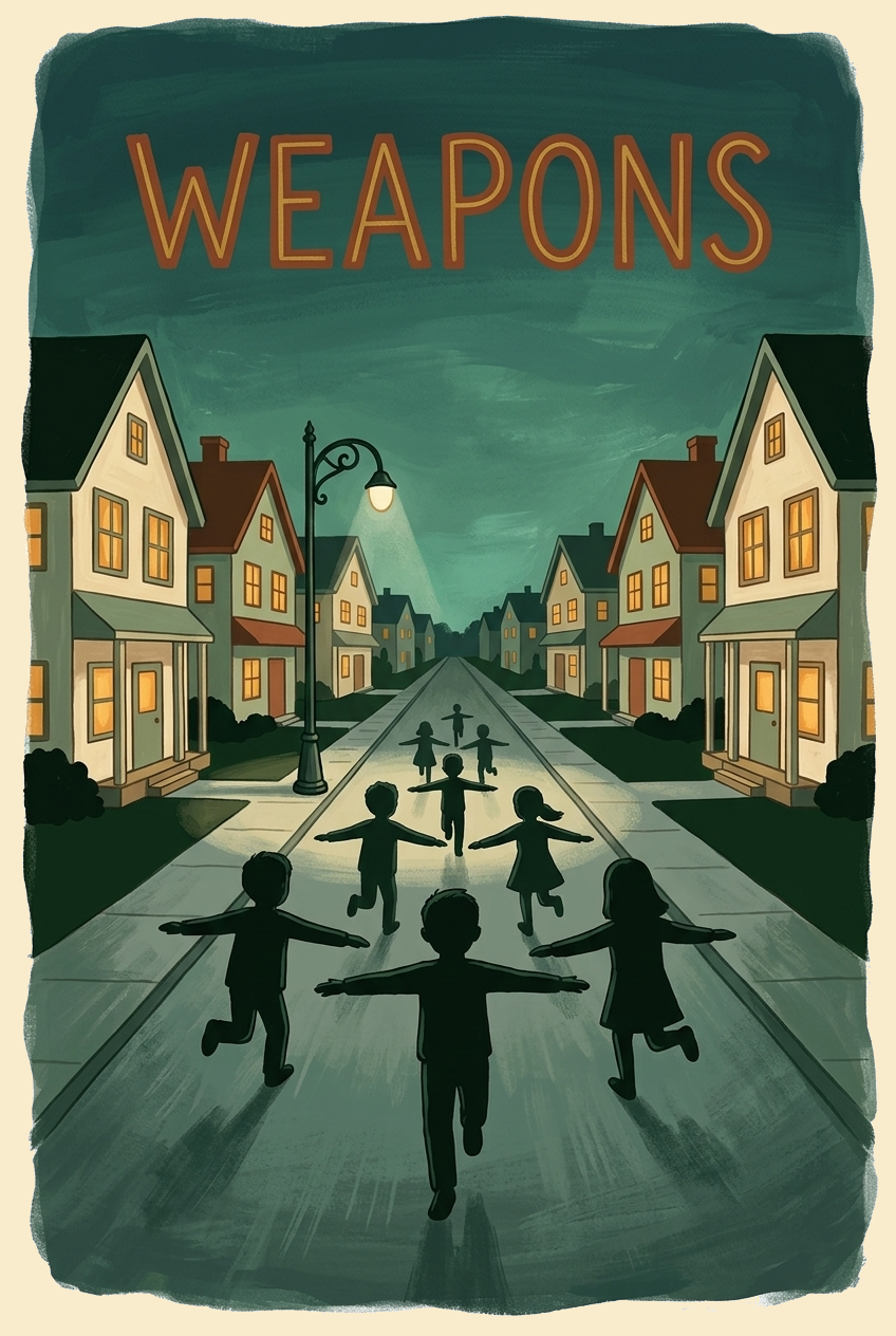 Folk-art Casa Susanna painted poster of Weapons: a cluster of children in silhouette running away down a dark suburban street at night with their arms outstretched, painterly style.