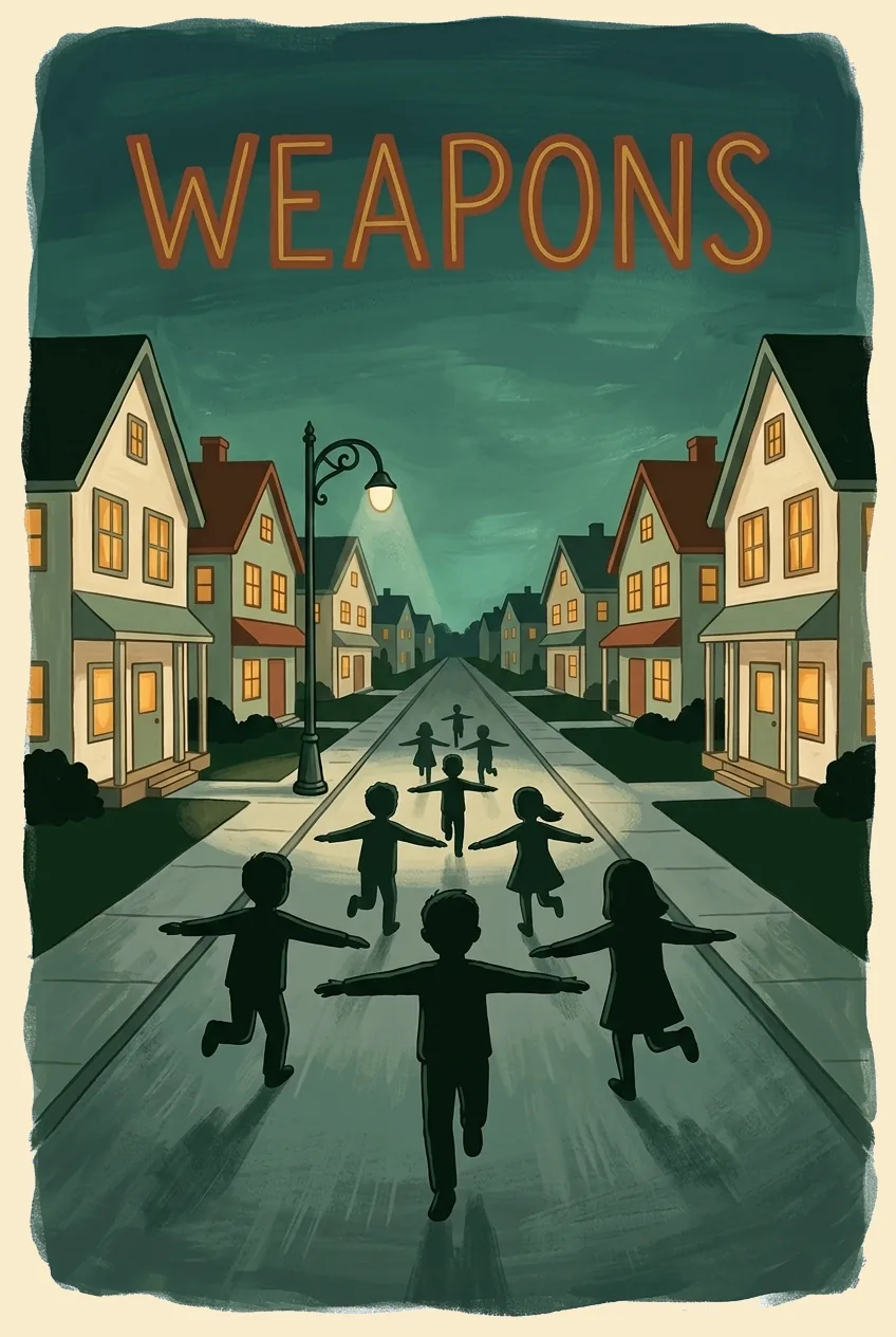 Folk-art Casa Susanna painted poster of Weapons: a cluster of children in silhouette running away down a dark suburban street at night with their arms outstretched, painterly style.