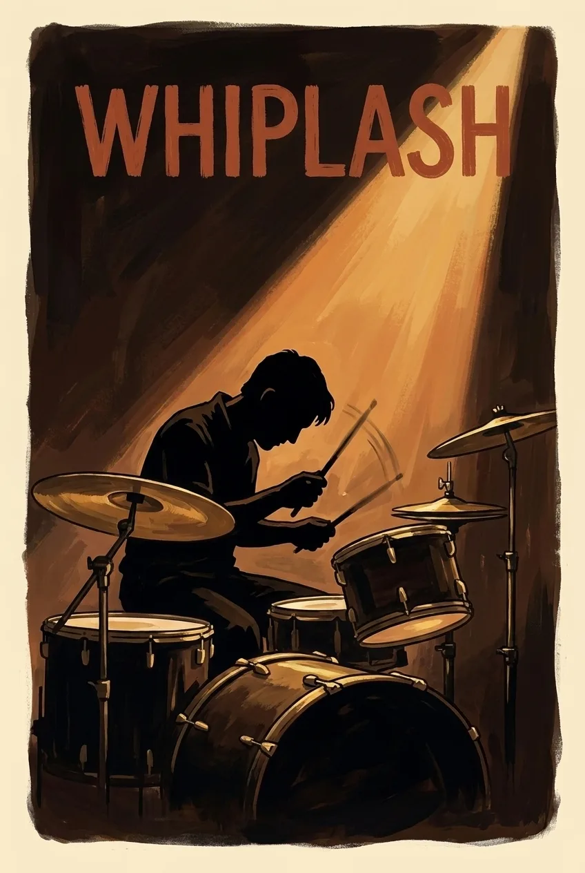 Folk-art painted poster of Whiplash: a drummer in black silhouette hunched over his kit mid-strike under a single hot amber spotlight, painterly style.