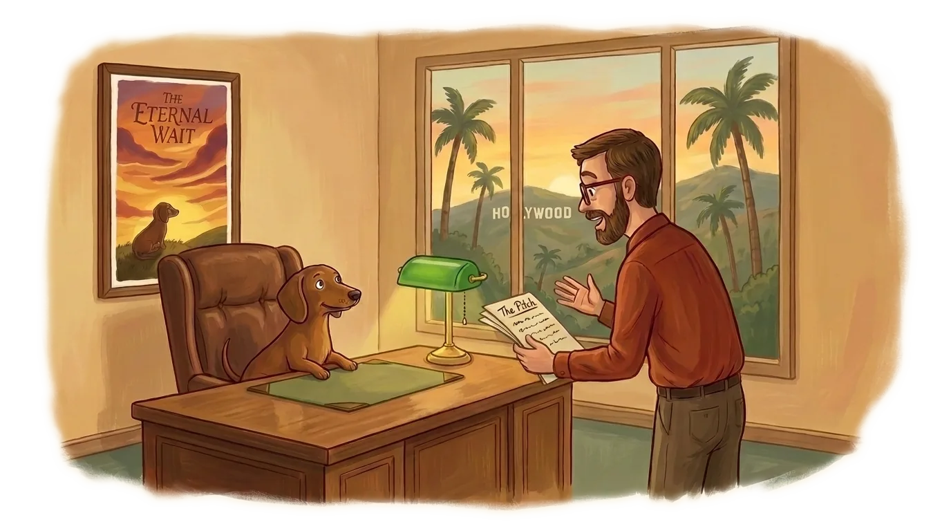 Folk-art illustration: a bearded writer in a rust-colored shirt stands in front of a Hollywood film executive's desk, holding a paper with 'The Pitch' written at the top, gesturing animated mid-pitch. Behind the desk sits a small brown dachshund in the role of a deadpan but hopeful studio executive. The Eternal Wait poster hangs on the wall, palm trees and the Hollywood sign visible through the window at sunset.