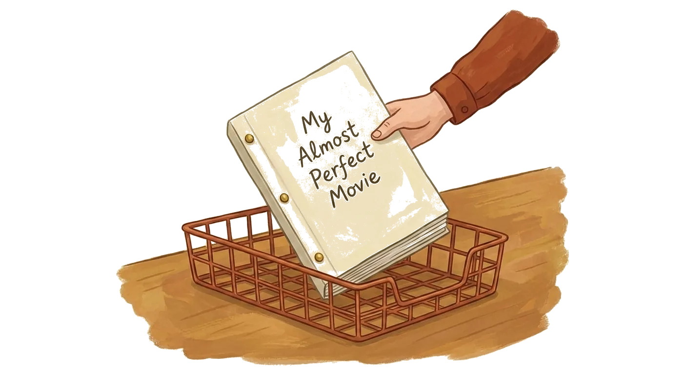 A hand dropping a brass-bradded screenplay titled 'My Almost Perfect Movie' into a rust-colored desk inbox tray