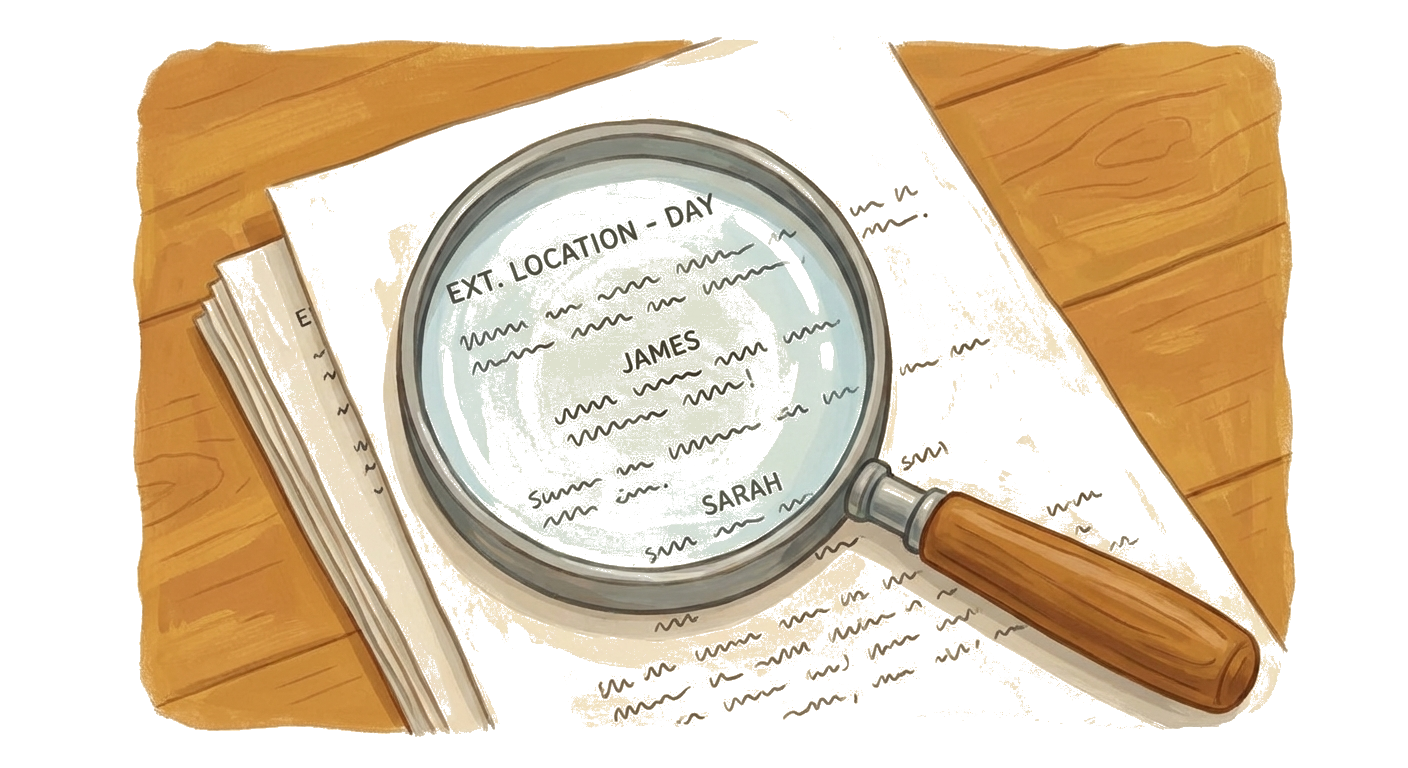 A magnifying glass on open screenplay pages showing EXT. LOCATION - DAY, character names JAMES and SARAH, and squiggle dialogue lines on a warm wood desk