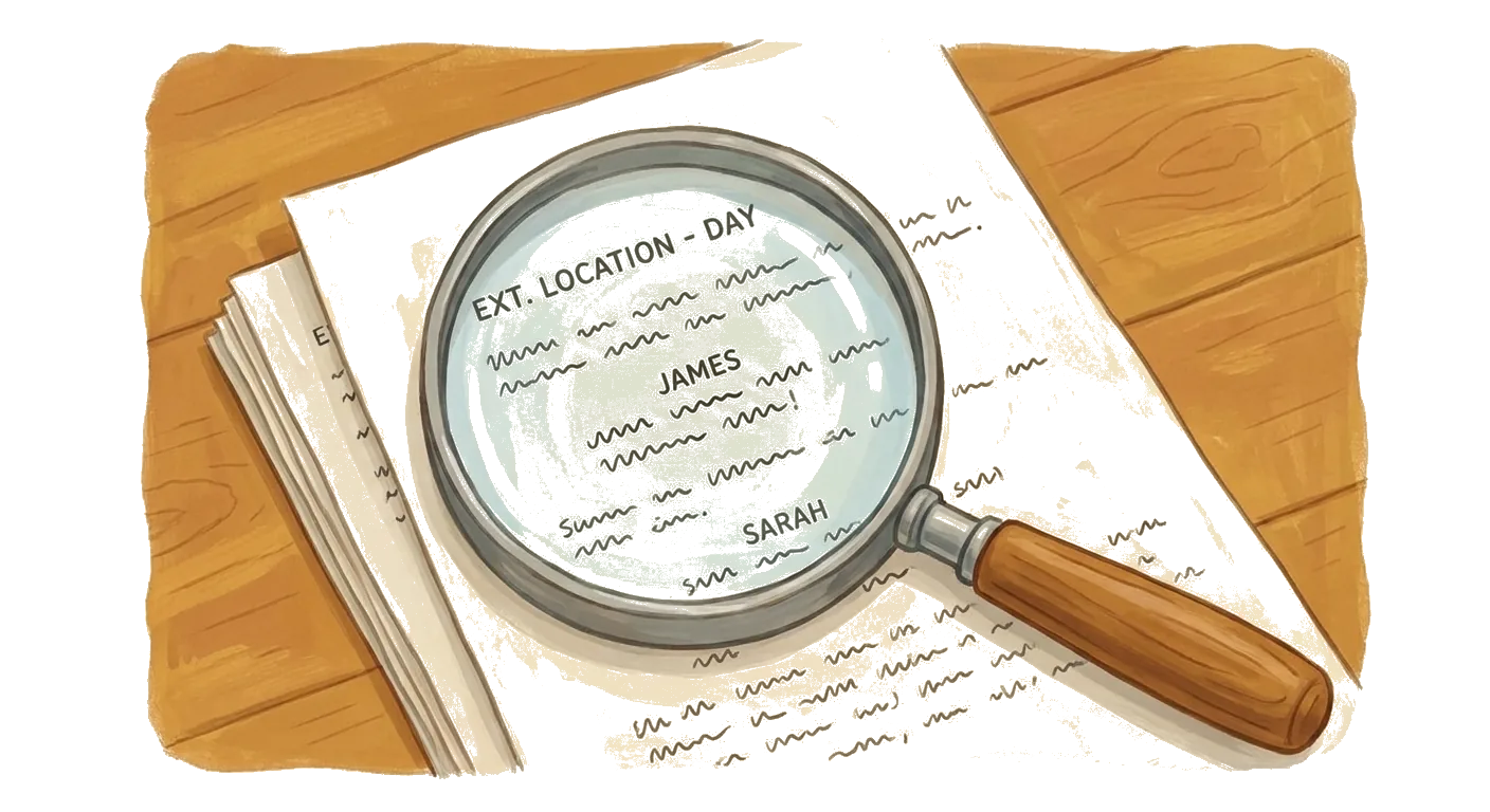 A magnifying glass on open screenplay pages showing EXT. LOCATION - DAY, character names JAMES and SARAH, and squiggle dialogue lines on a warm wood desk