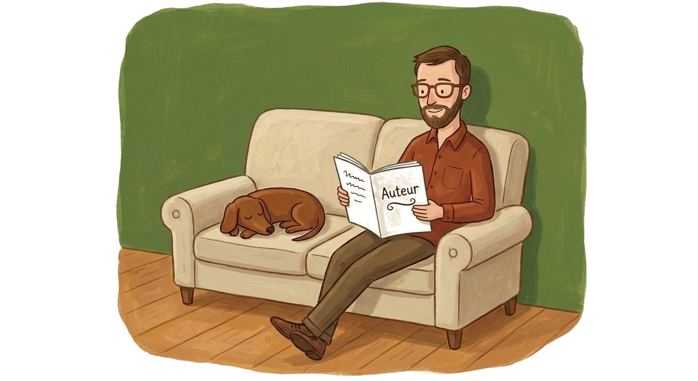 The writer on a two-seat loveseat, eyes open with a subtle grin, reading an open Auteur coverage report with flourished underline, brown dachshund sleeping on the left cushion, green wall behind, feet on wood floor
