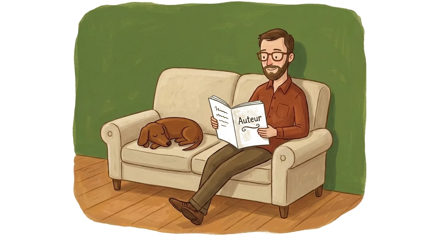 The writer on a two-seat loveseat, eyes open with a subtle grin, reading an open Auteur coverage report with flourished underline, brown dachshund sleeping on the left cushion, green wall behind, feet on wood floor