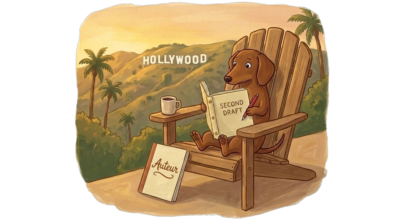 A brown dachshund in reading glasses at a wooden desk, one paw on a fresh screenplay, checking it against an open Auteur coverage report